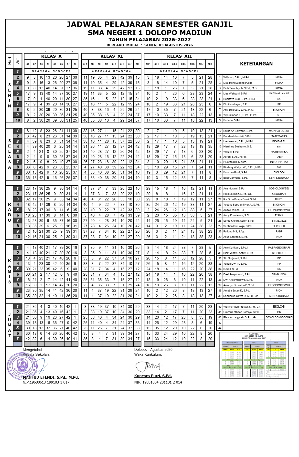 Jadwal Pelajaran Semester Gasal Tahun Pelajaran 2026 - 2027